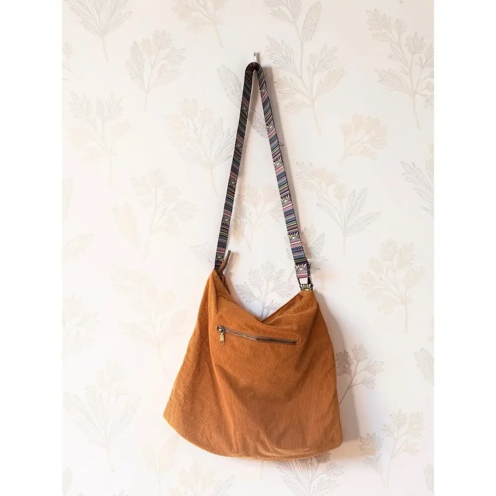 Brown Corduroy Hobo Bag Boho Multicolor Tribal Strap Slouchy Shoulder Purse
